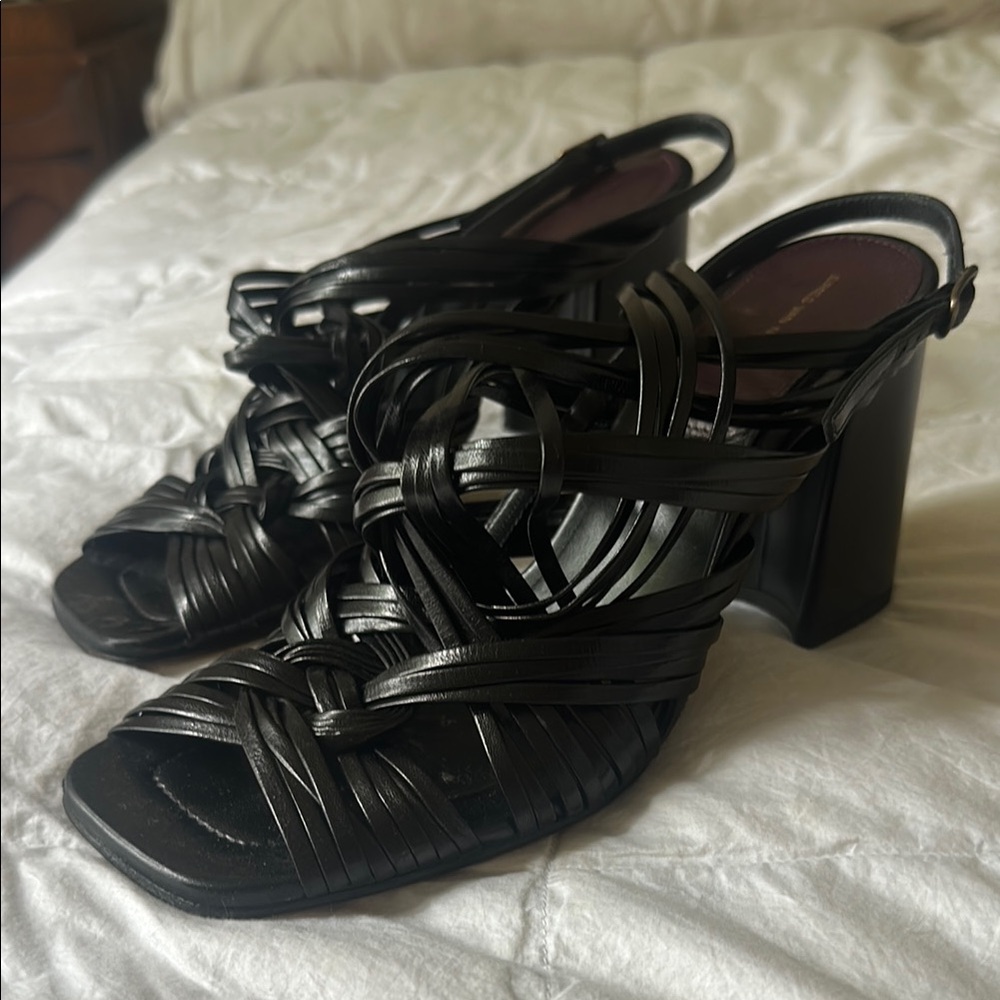 Dries Van Noten Black Braided Leather Slingback Block Heels
